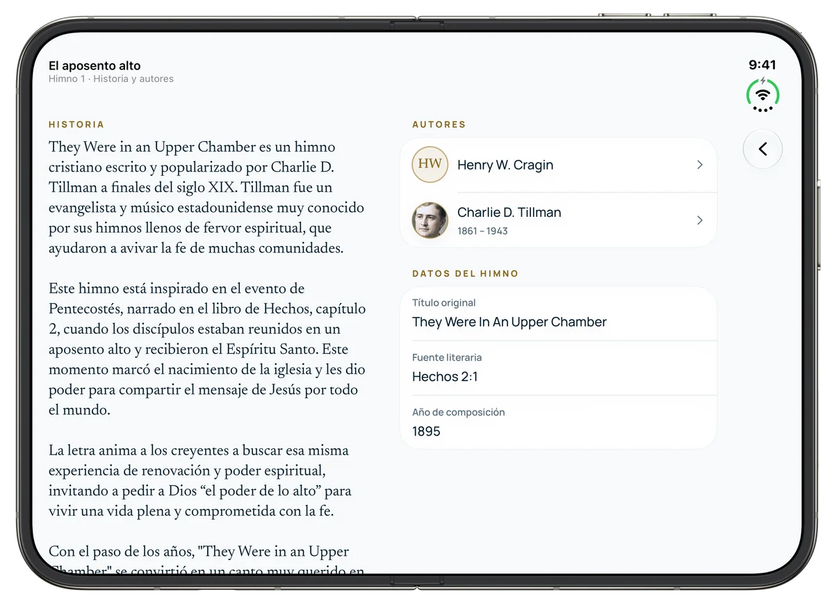 Historia y autores de «El aposento alto» en el iPhone Duo abierto, en dos columnas
