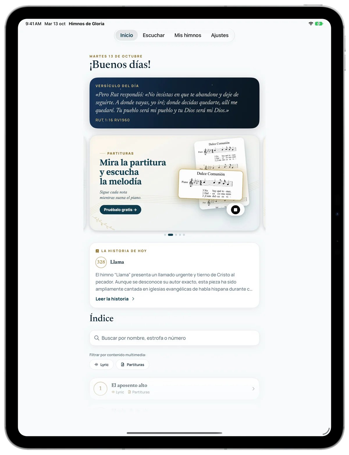 Inicio de Himnos de Gloria en iPad con el versículo del día y las novedades