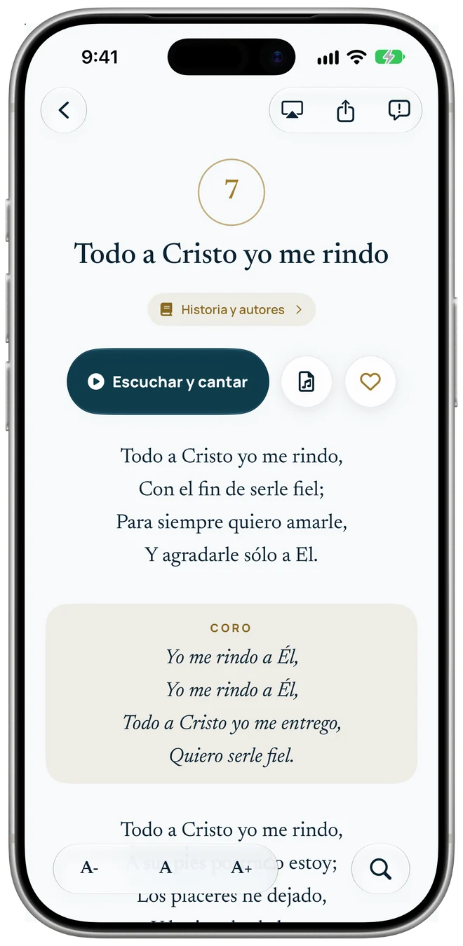 El himno «Todo a Cristo yo me rindo» en iPhone, con el coro destacado
