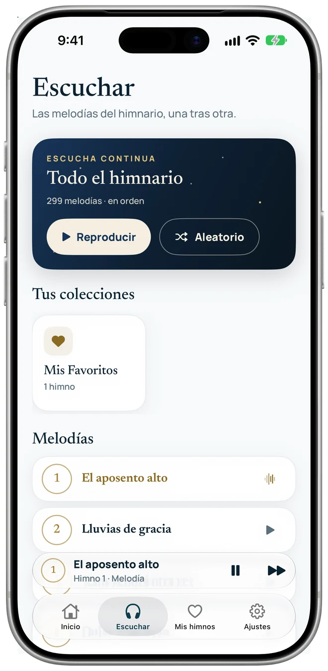 La pestaña Escuchar: todo el himnario, tus colecciones y la lista de melodías con el reproductor abajo