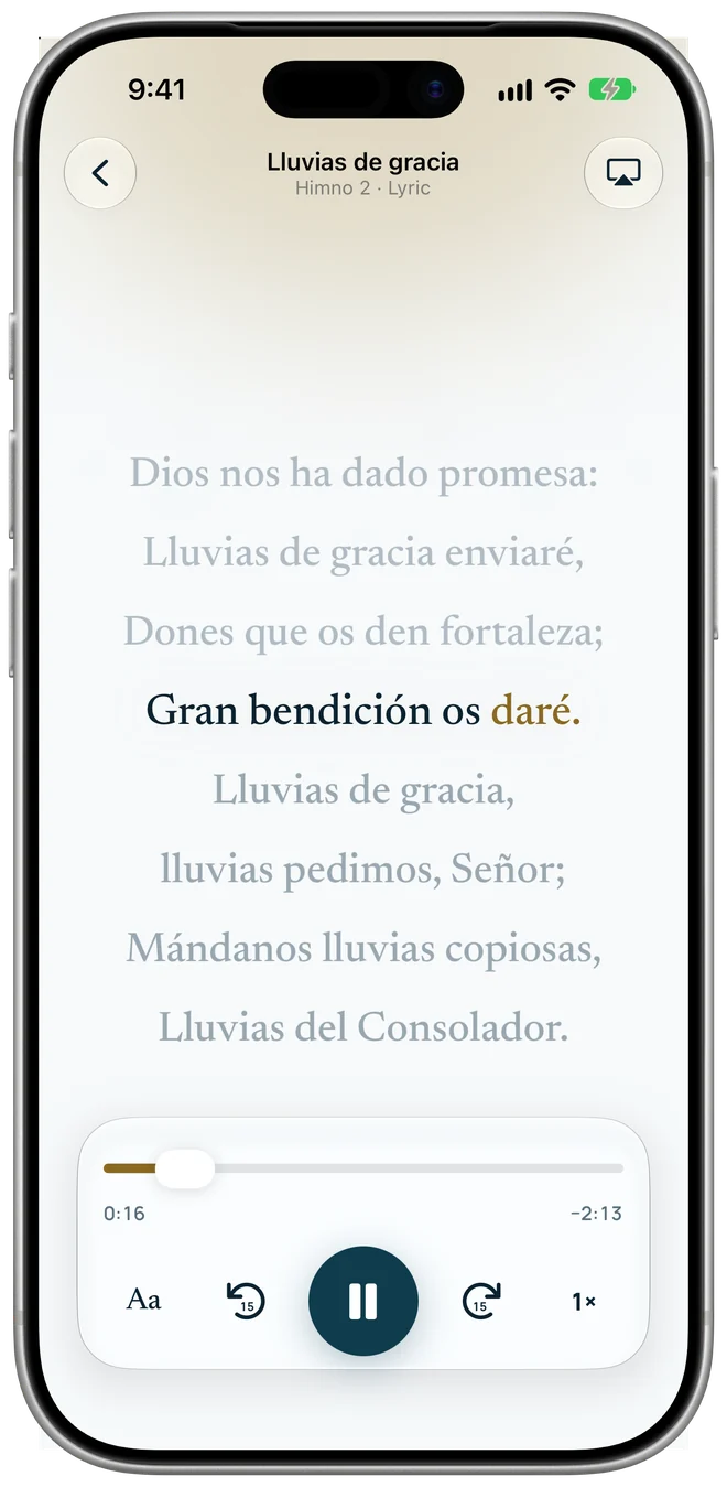 Lyric reproduciendo «Lluvias de gracia»: la palabra que suena se resalta en dorado