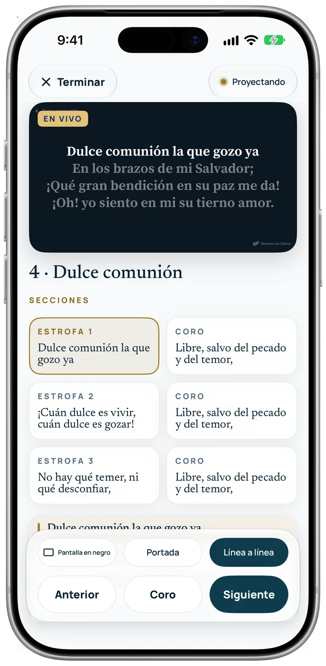 El control de proyección en el teléfono, con las estrofas y el coro en tarjetas